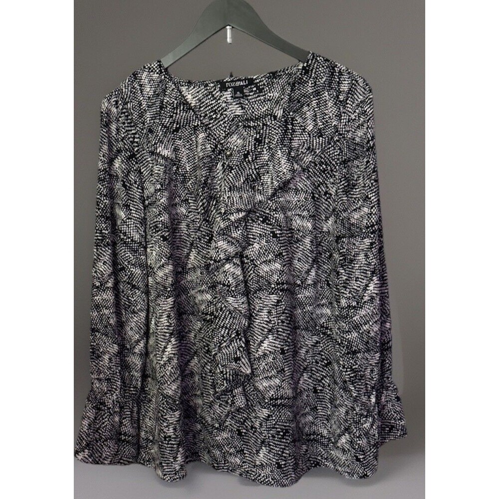 Roz & Ali Black Abstract Print Ruffled Top Size 2X Woman